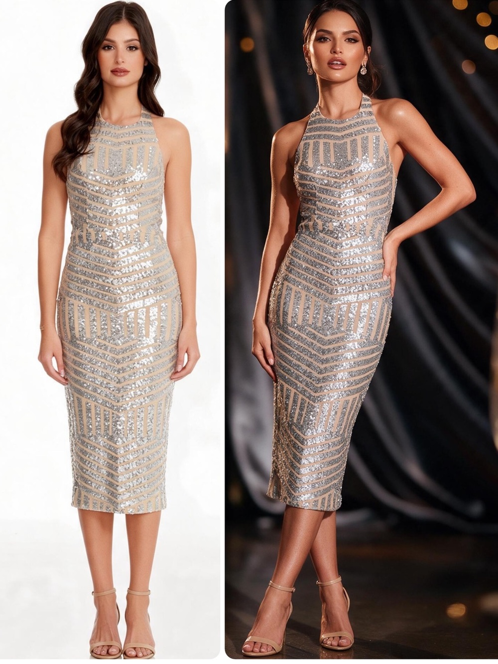 Dress the Population Cleo Sequin Halter Sheath Cocktail Midi Dress NWOT $253